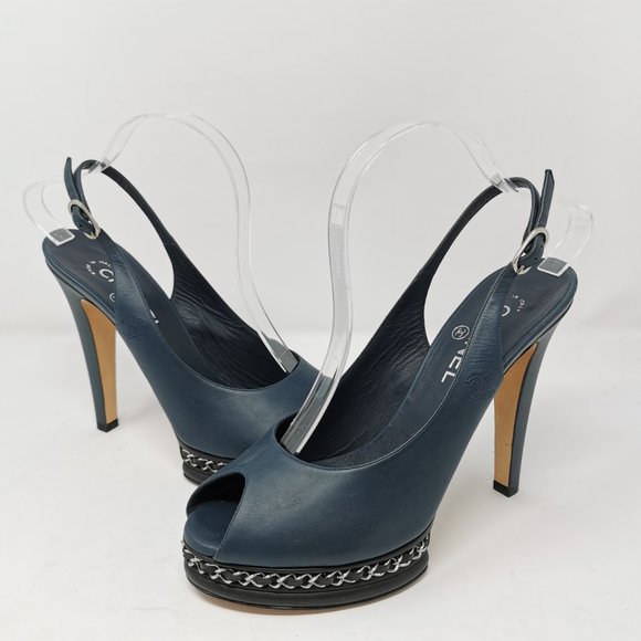 CHANEL Navy Blue Leather Chain Link Slingback Peep Toe Pumps Heels - Picture 2 of 11